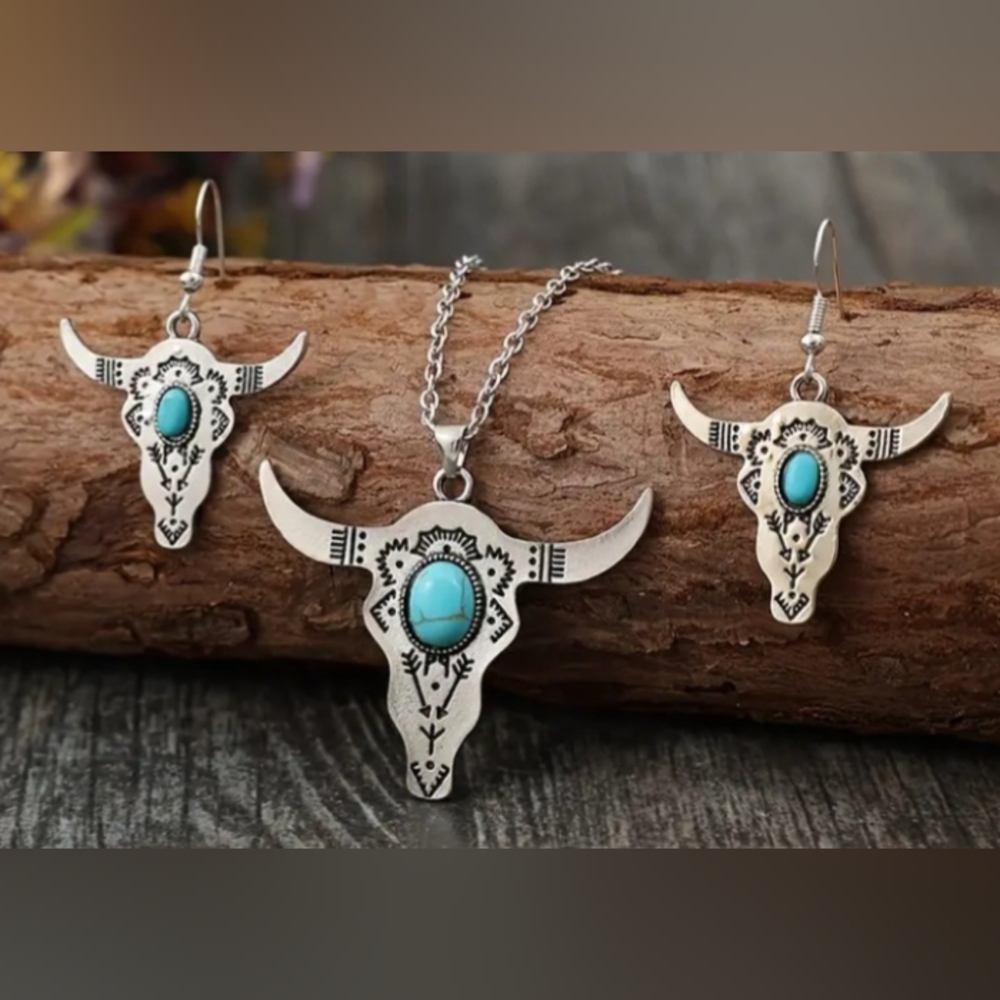 Turquoise Silver Bull Skull Jewelry Set - Picture 2 of 2